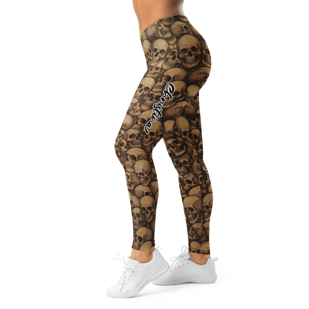 Personalisierte Sportleggings Damen Totenkopf Print Braun Beige Fitness Leggings Skull Design J375
