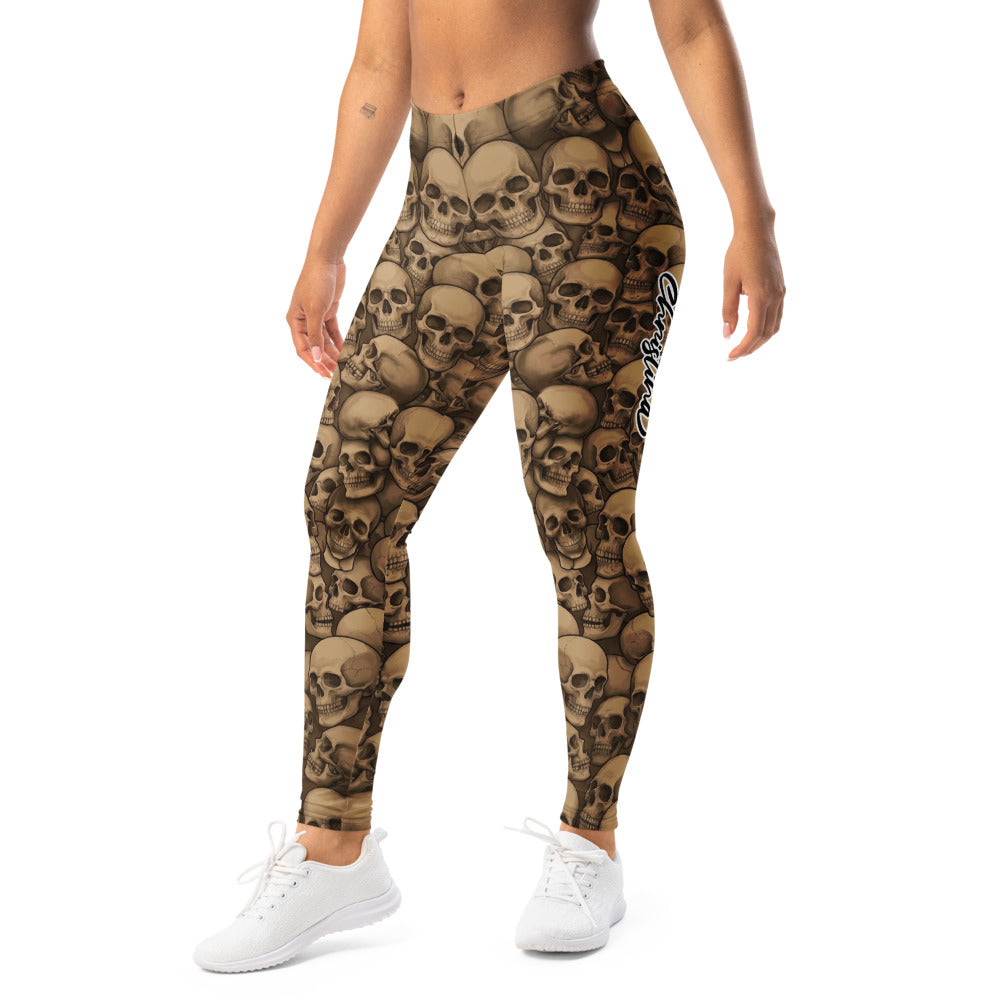 Personalisierte Sportleggings Damen Totenkopf Print Braun Beige Fitness Leggings Skull Design J375