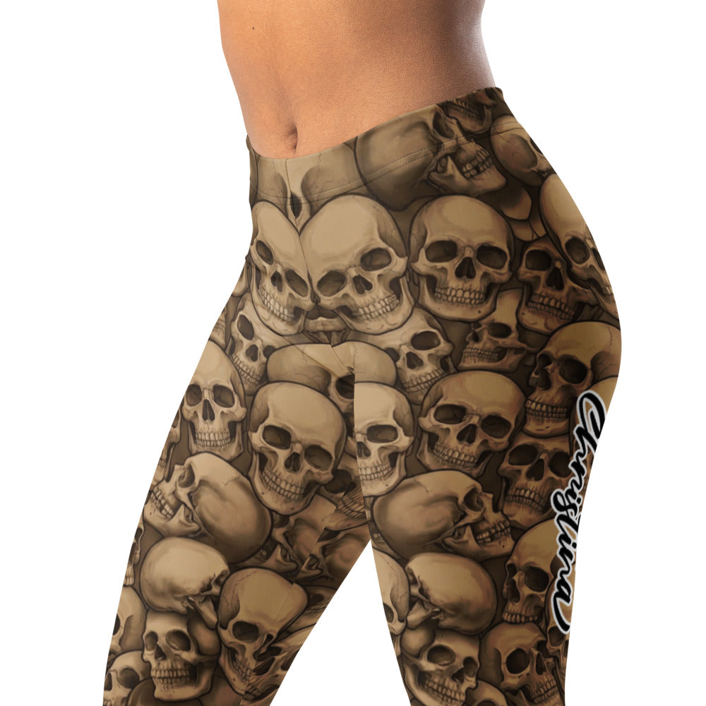 Personalisierte Sportleggings Damen Totenkopf Print Braun Beige Fitness Leggings Skull Design J375