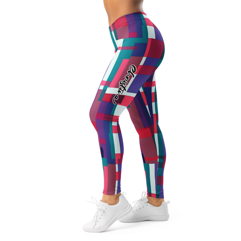 Personalisierte Damen Sportleggings Geometrisches Muster Türkis Lila Rot Fitness Leggings O359