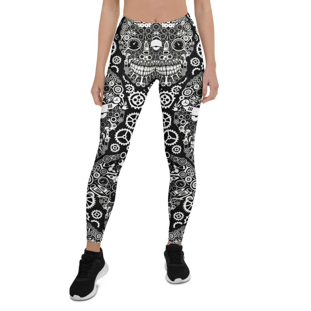 Personalisierte Damen Sportleggings Steampunk Totenkopf Design Schwarz Weiß Fitness Leggings mit Zahnrad-Muster C031