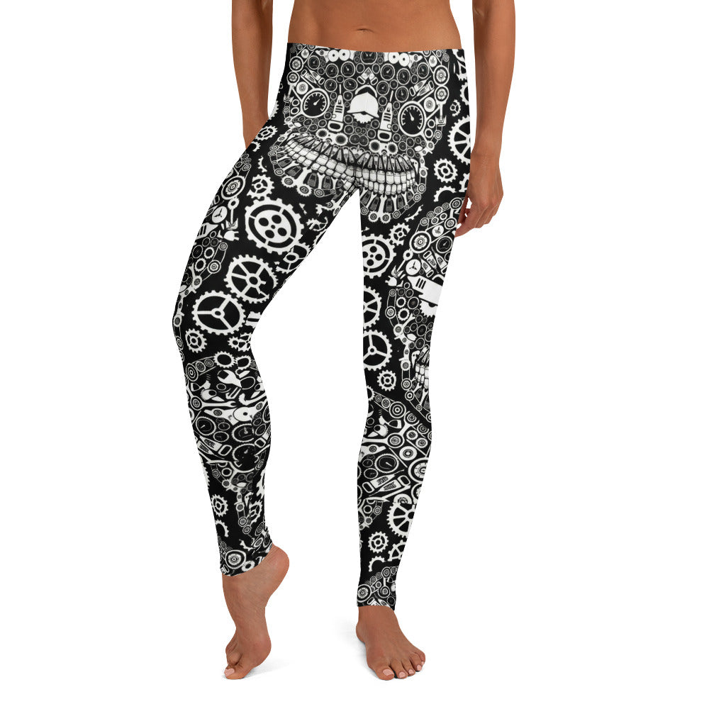 Personalisierte Damen Sportleggings Steampunk Totenkopf Design Schwarz Weiß Fitness Leggings mit Zahnrad-Muster C031