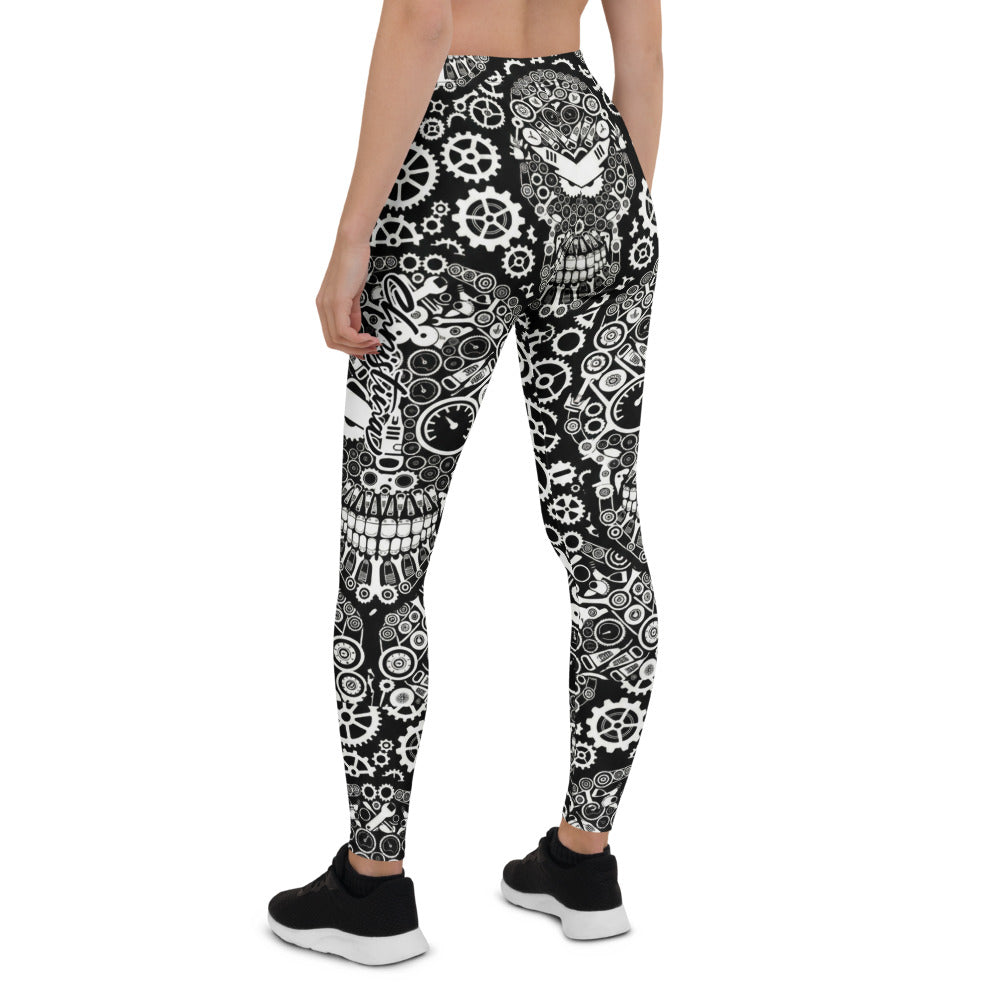 Personalisierte Damen Sportleggings Steampunk Totenkopf Design Schwarz Weiß Fitness Leggings mit Zahnrad-Muster C031