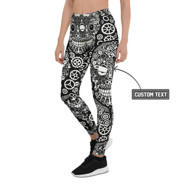 Personalisierte Damen Sportleggings Steampunk Totenkopf Design Schwarz Weiß Fitness Leggings mit Zahnrad-Muster C031 - XL