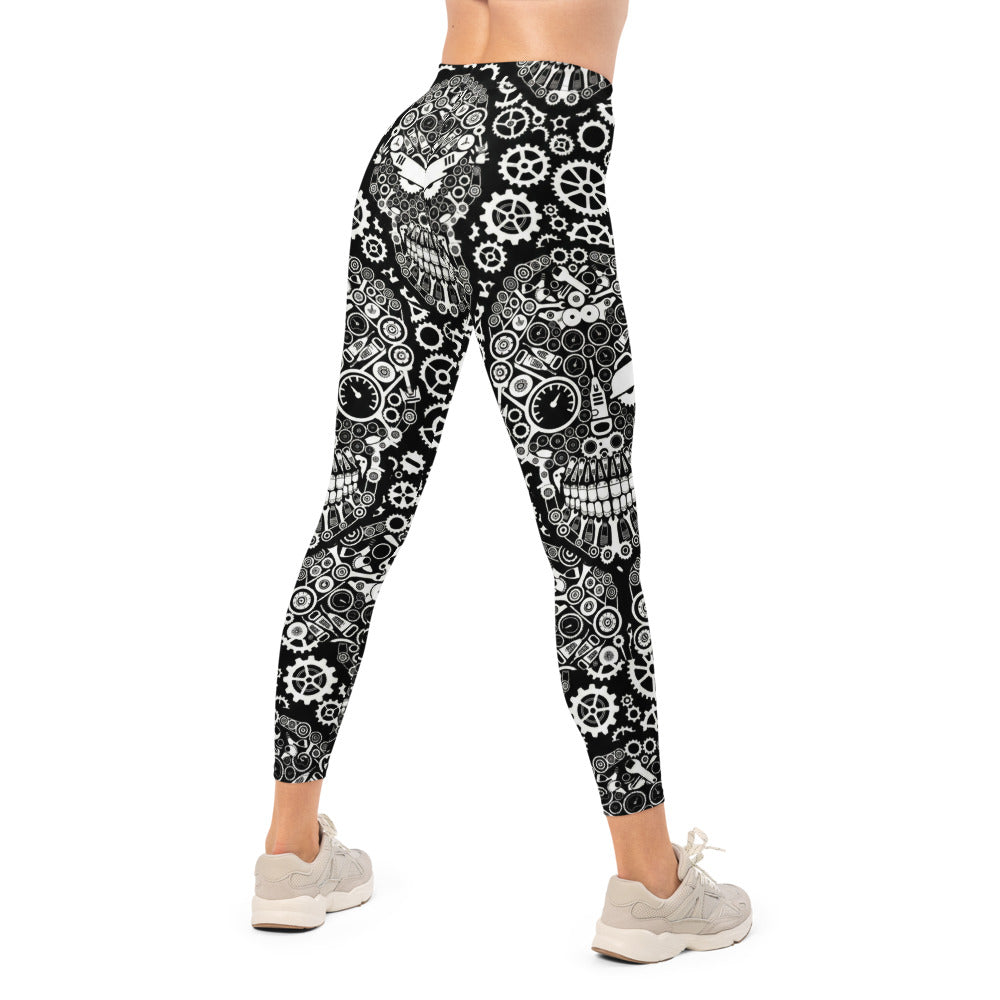 Personalisierte Damen Sportleggings Steampunk Totenkopf Design Schwarz Weiß Fitness Leggings mit Zahnrad-Muster C031