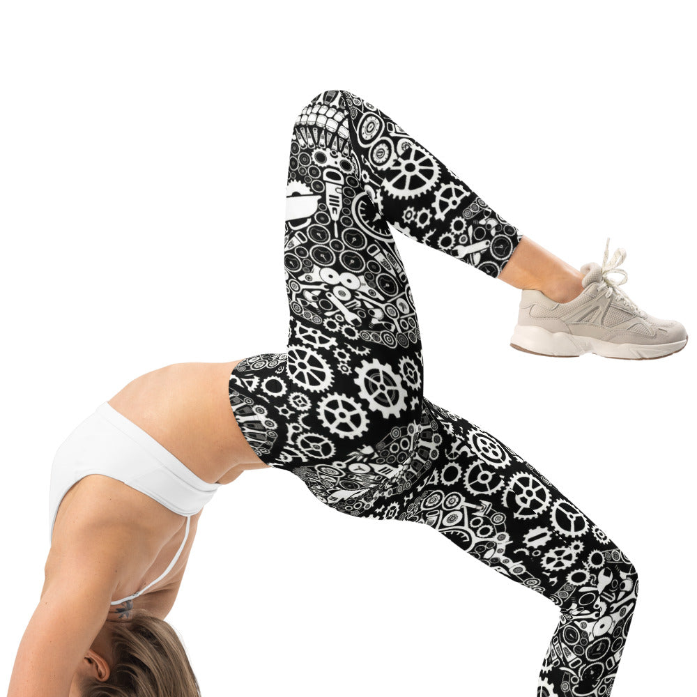 Personalisierte Damen Sportleggings Steampunk Totenkopf Design Schwarz Weiß Fitness Leggings mit Zahnrad-Muster C031
