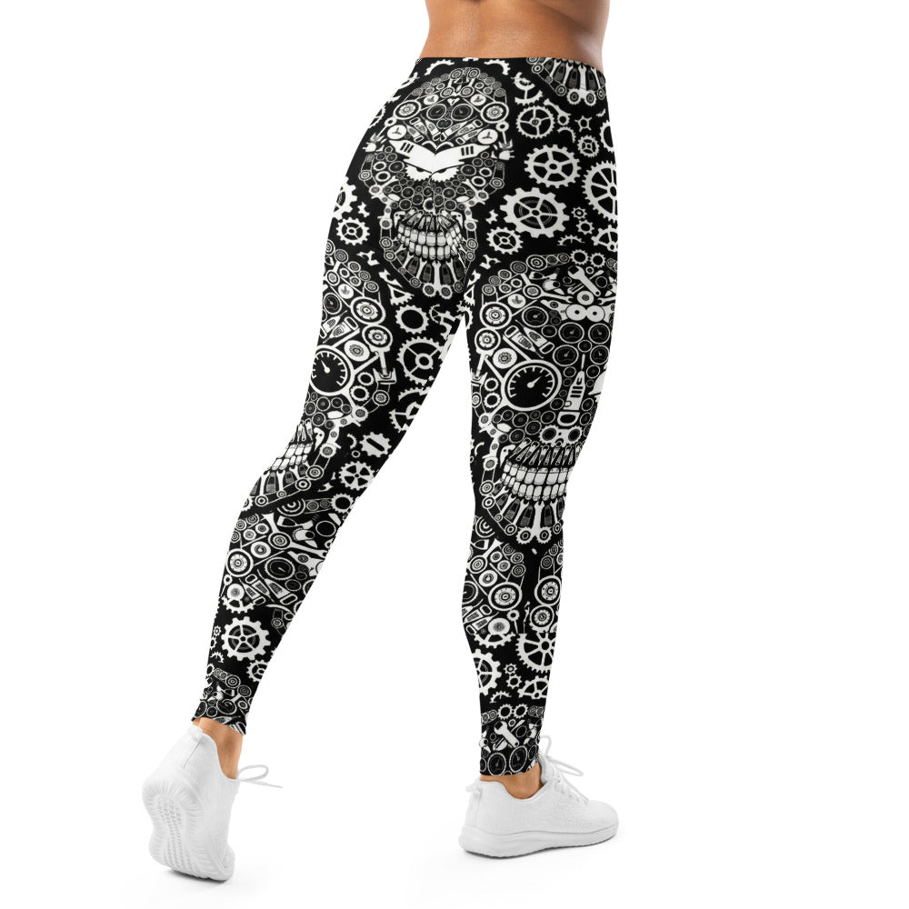 Personalisierte Damen Sportleggings Steampunk Totenkopf Design Schwarz Weiß Fitness Leggings mit Zahnrad-Muster C031