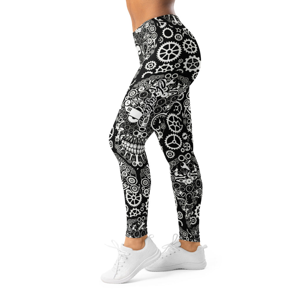 Personalisierte Damen Sportleggings Steampunk Totenkopf Design Schwarz Weiß Fitness Leggings mit Zahnrad-Muster C031
