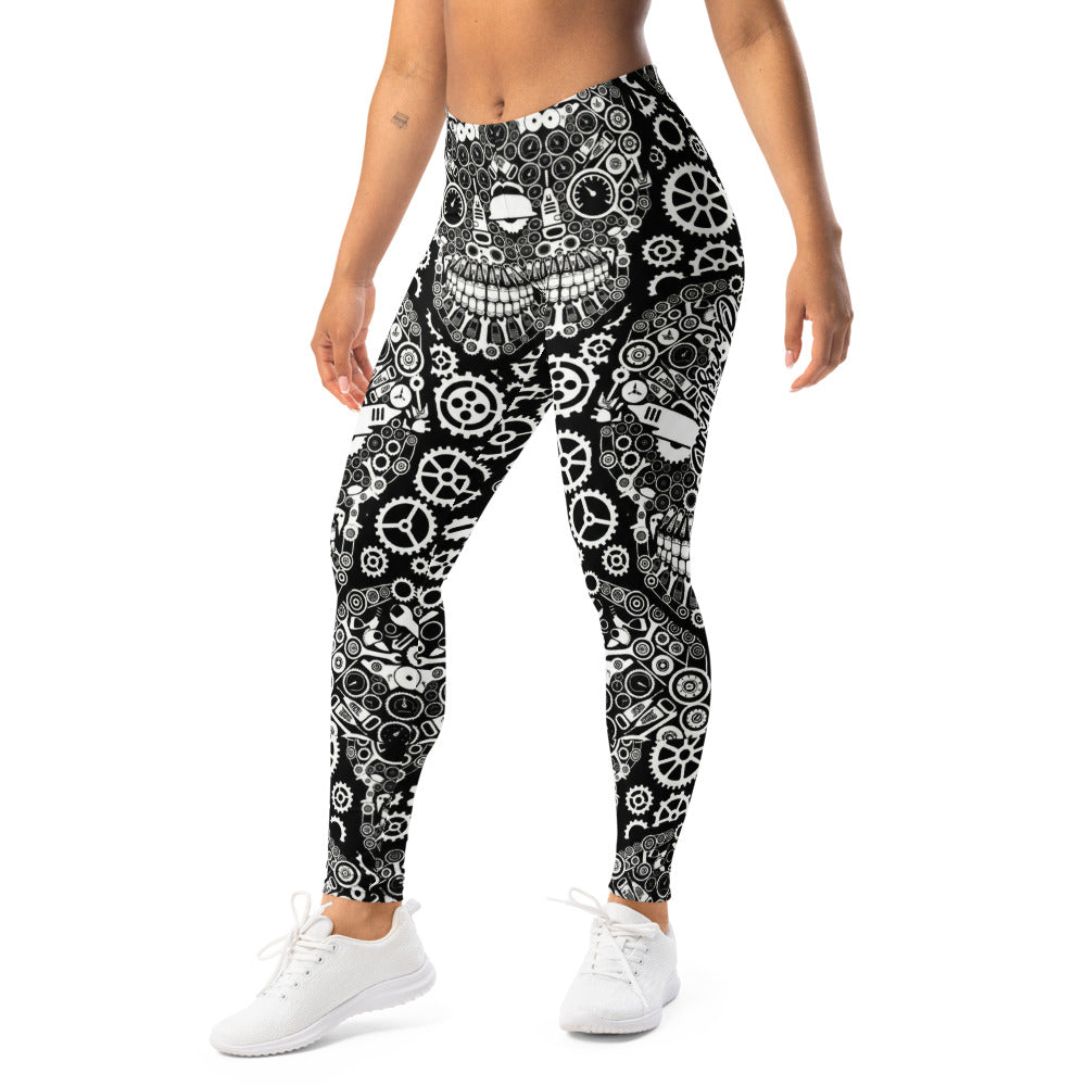 Personalisierte Damen Sportleggings Steampunk Totenkopf Design Schwarz Weiß Fitness Leggings mit Zahnrad-Muster C031