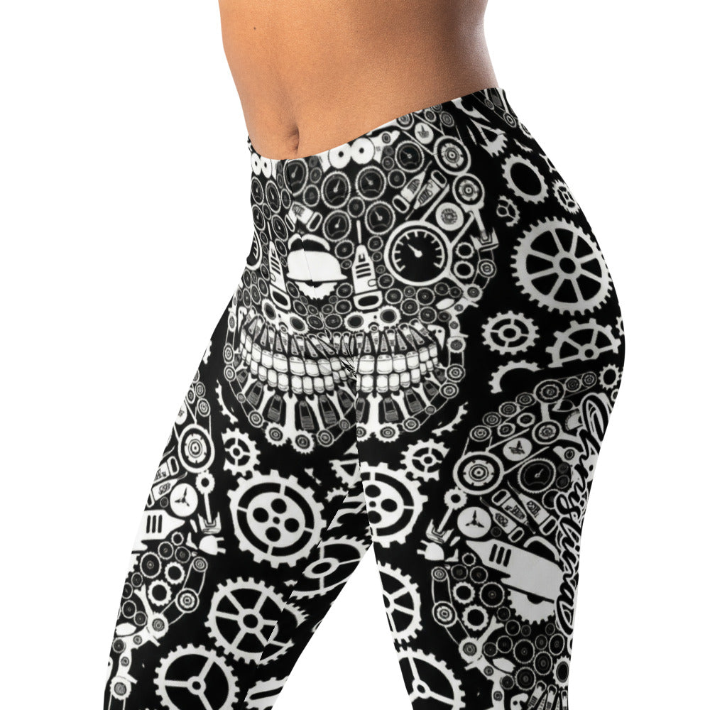 Personalisierte Damen Sportleggings Steampunk Totenkopf Design Schwarz Weiß Fitness Leggings mit Zahnrad-Muster C031