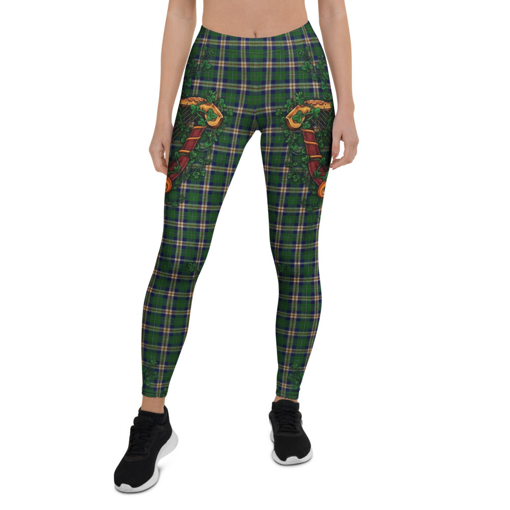 Personalisierte Damen Sportleggings Irisches Karo Design Grün Kariert Kleeblatt Harfe Fitness Yoga Leggings V315