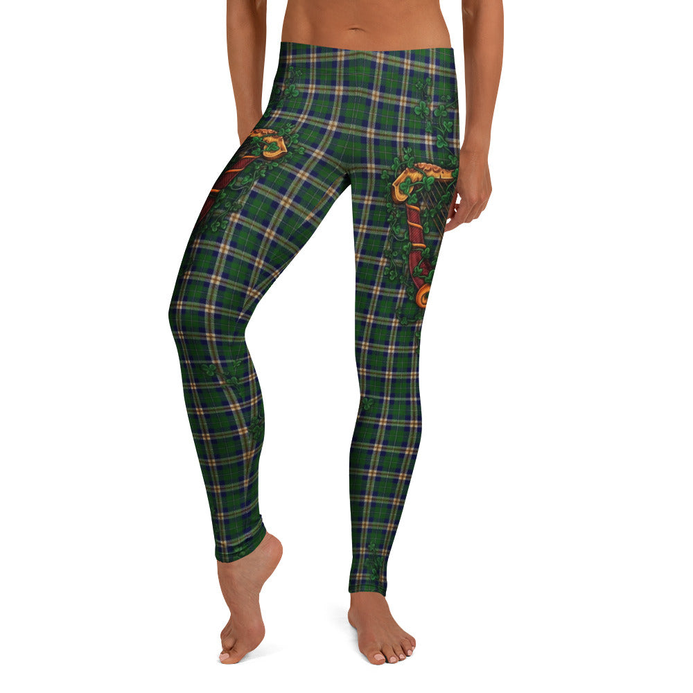 Personalisierte Damen Sportleggings Irisches Karo Design Grün Kariert Kleeblatt Harfe Fitness Yoga Leggings V315