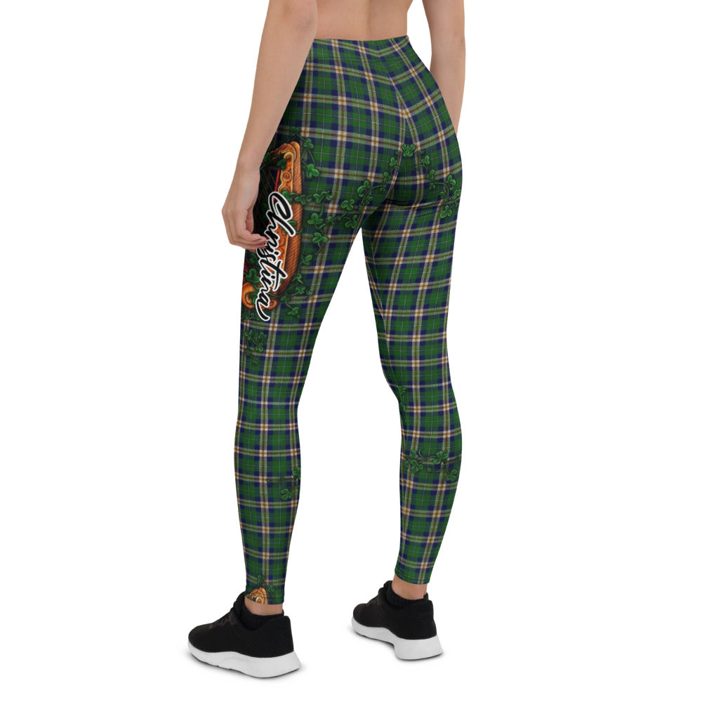 Personalisierte Damen Sportleggings Irisches Karo Design Grün Kariert Kleeblatt Harfe Fitness Yoga Leggings V315