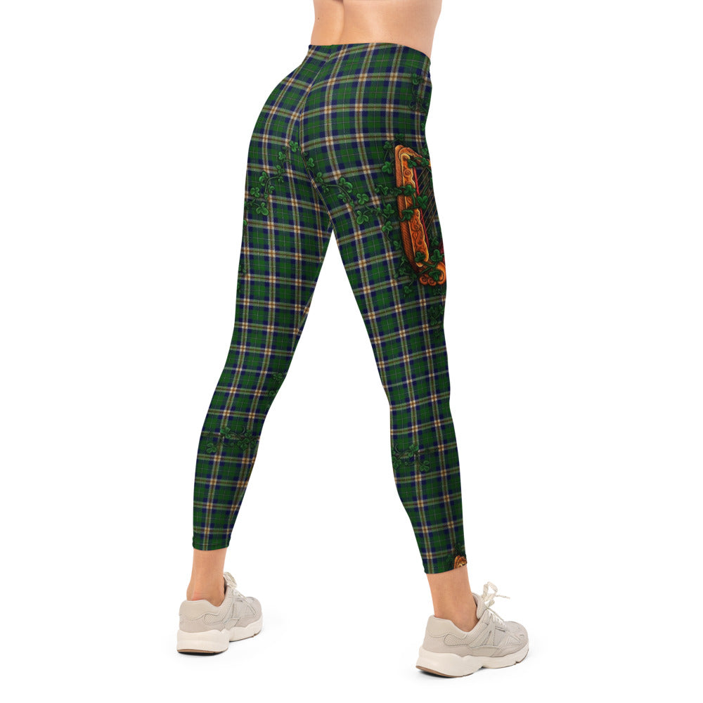 Personalisierte Damen Sportleggings Irisches Karo Design Grün Kariert Kleeblatt Harfe Fitness Yoga Leggings V315