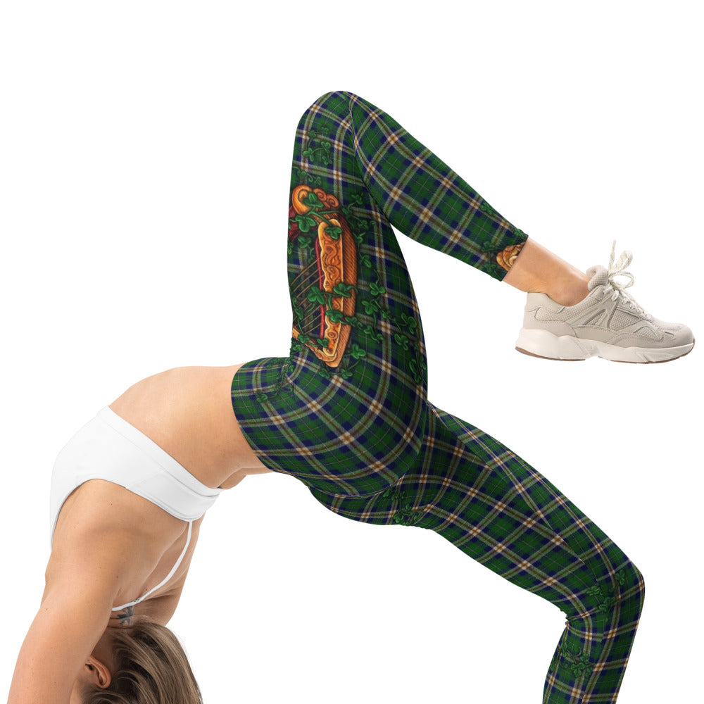 Personalisierte Damen Sportleggings Irisches Karo Design Grün Kariert Kleeblatt Harfe Fitness Yoga Leggings V315