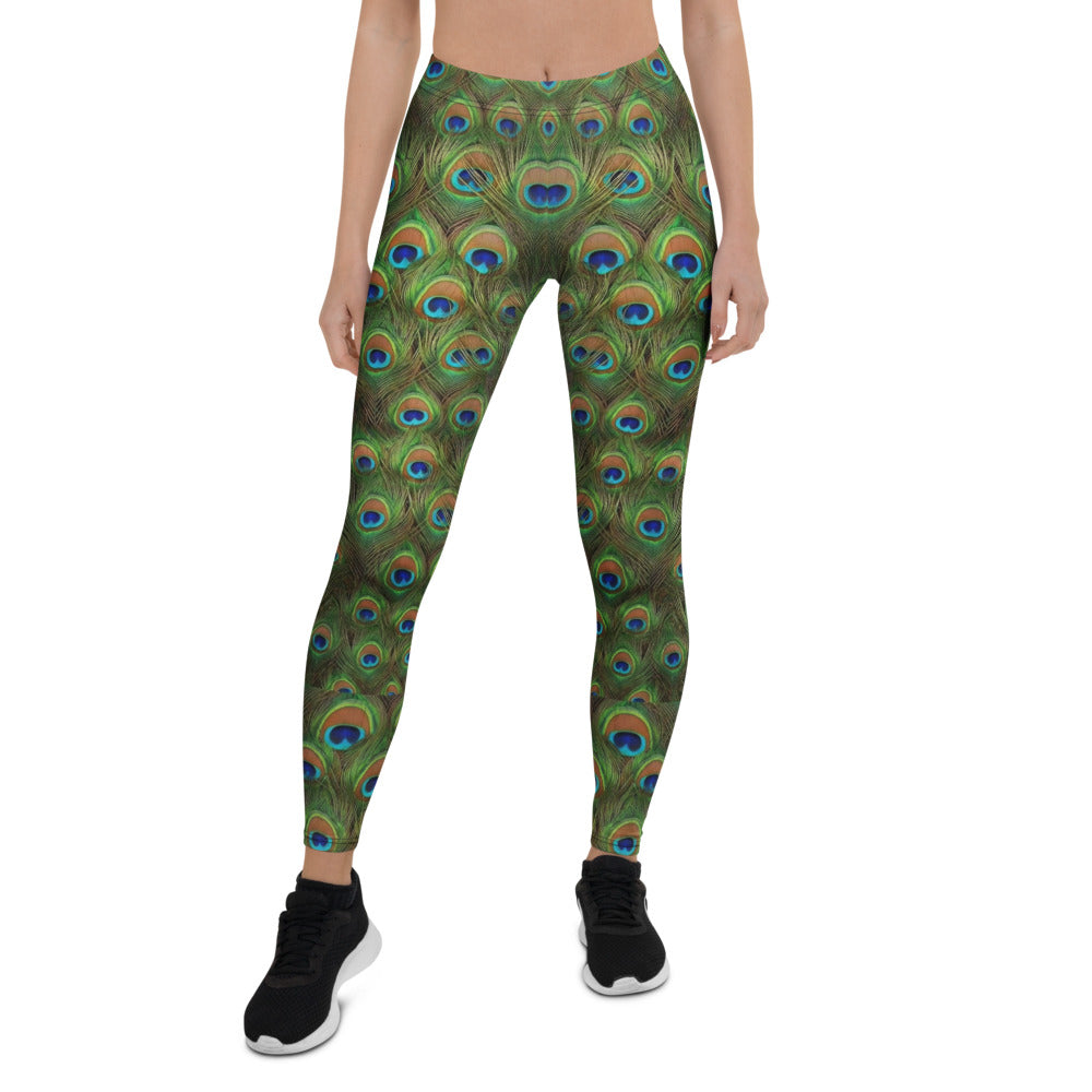 Personalisierte Damen Sportleggings Pfauenfeder Muster Grün Blau Yoga Fitness Leggings I928
