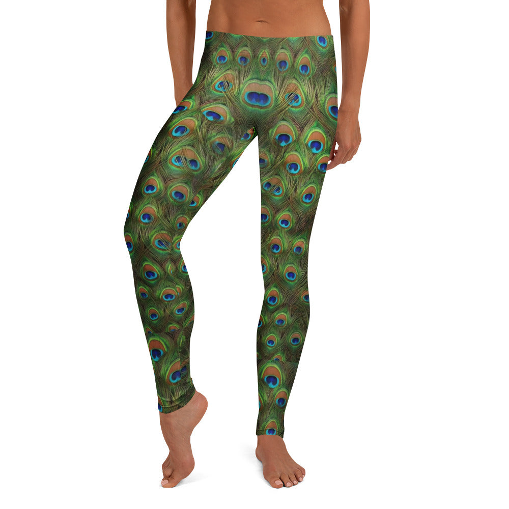 Personalisierte Damen Sportleggings Pfauenfeder Muster Grün Blau Yoga Fitness Leggings I928