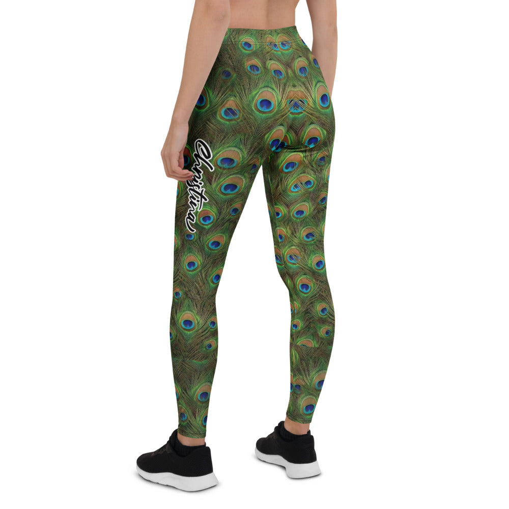 Personalisierte Damen Sportleggings Pfauenfeder Muster Grün Blau Yoga Fitness Leggings I928