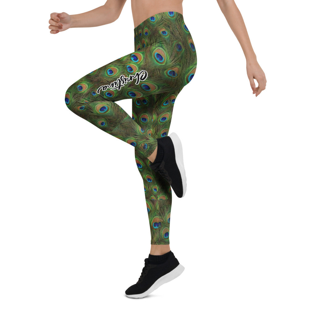 Personalisierte Damen Sportleggings Pfauenfeder Muster Grün Blau Yoga Fitness Leggings I928