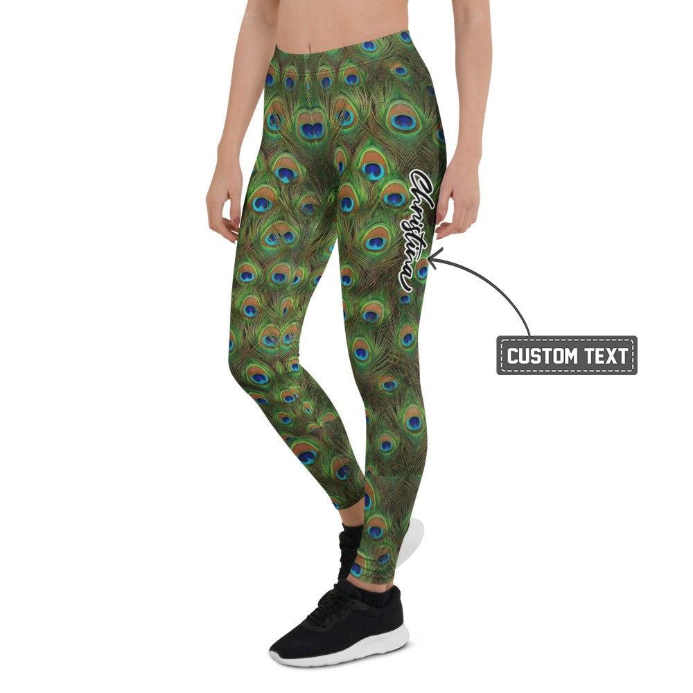Personalisierte Damen Sportleggings Pfauenfeder Muster Grün Blau Yoga Fitness Leggings I928 - XL