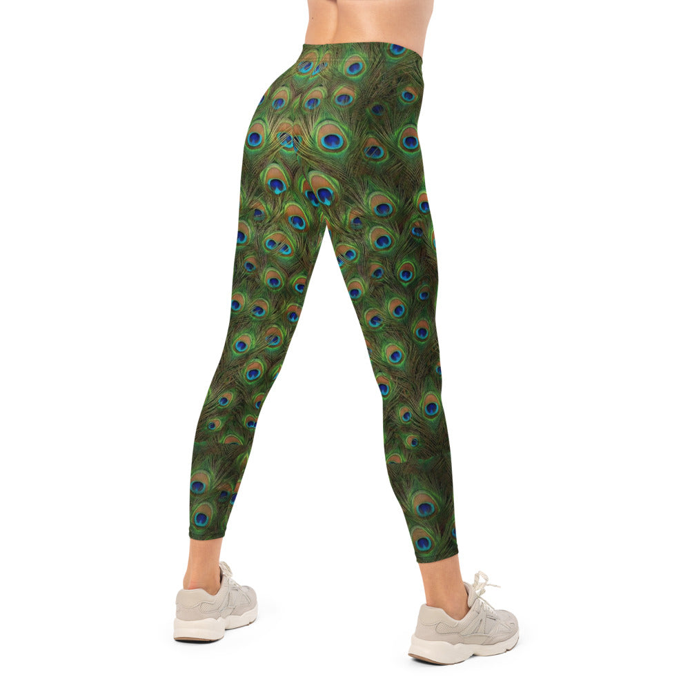 Personalisierte Damen Sportleggings Pfauenfeder Muster Grün Blau Yoga Fitness Leggings I928