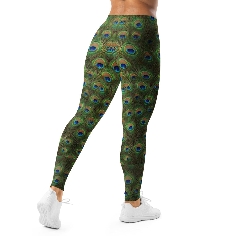 Personalisierte Damen Sportleggings Pfauenfeder Muster Grün Blau Yoga Fitness Leggings I928