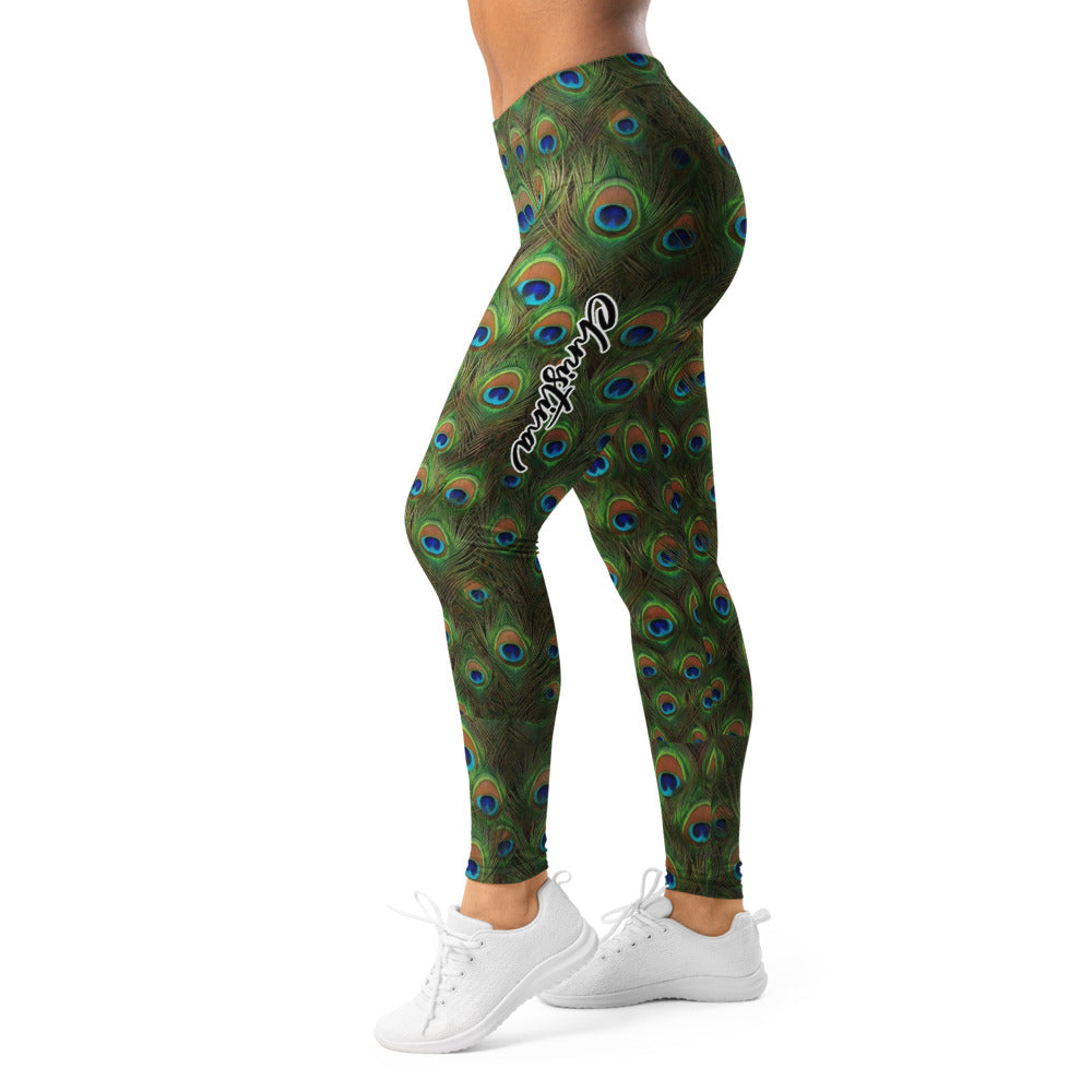 Personalisierte Damen Sportleggings Pfauenfeder Muster Grün Blau Yoga Fitness Leggings I928