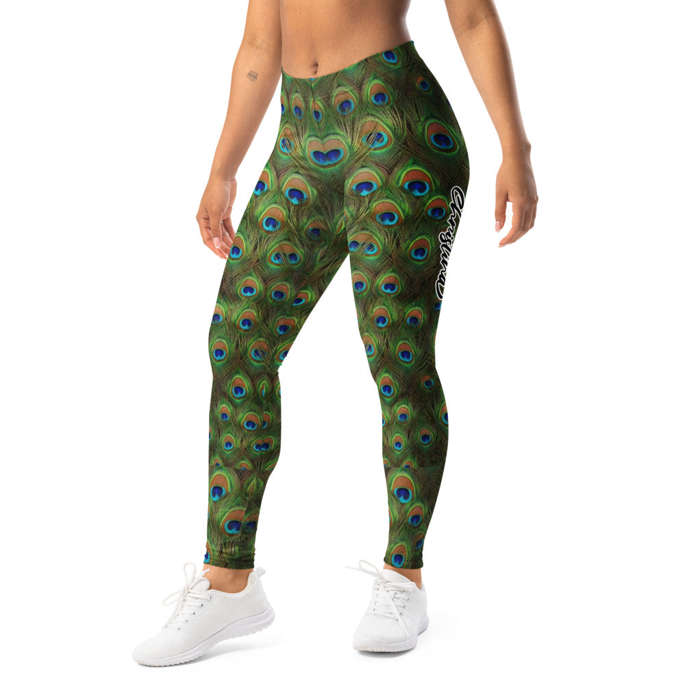 Personalisierte Damen Sportleggings Pfauenfeder Muster Grün Blau Yoga Fitness Leggings I928