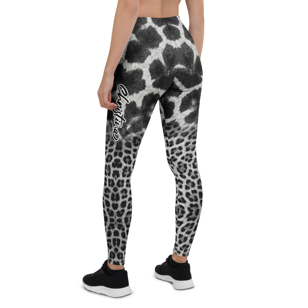 Personalisierte Damen Sportleggings Animal Print Schwarz Weiß Leopard Giraffe Design Fitness Leggings E560