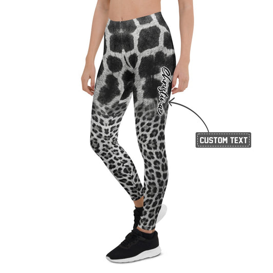 Personalisierte Damen Sportleggings Animal Print Schwarz Weiß Leopard Giraffe Design Fitness Leggings E560 - XL