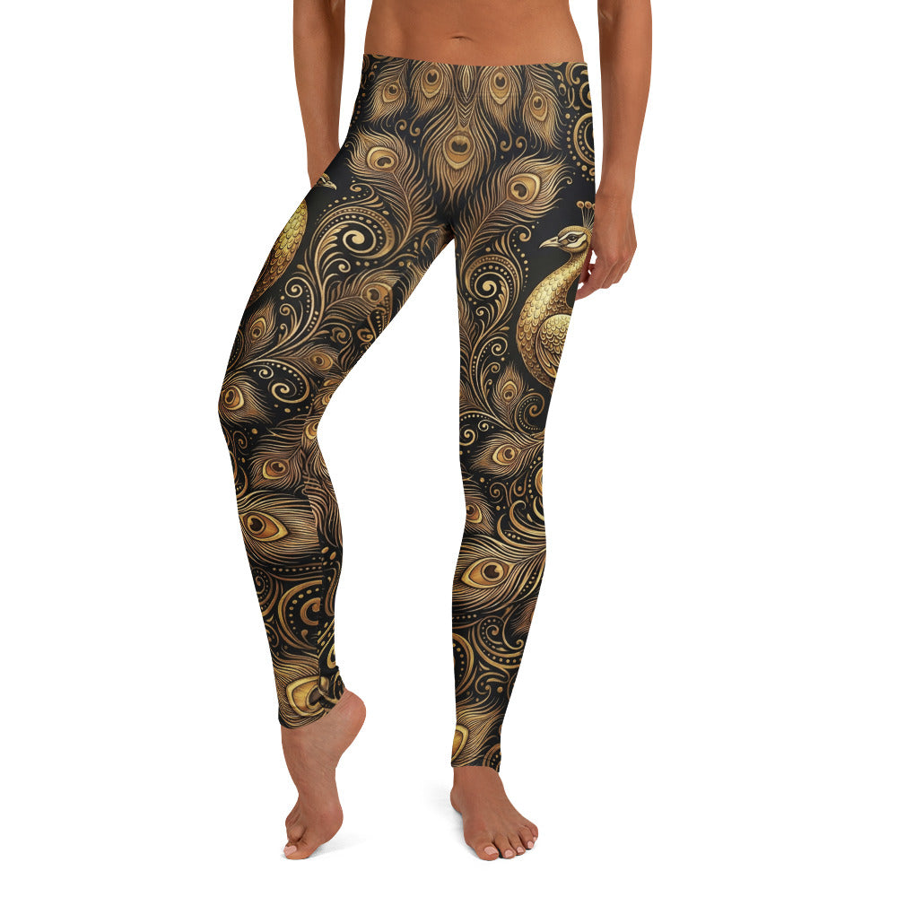 Personalisierte Sportleggings Damen Pfau Design Gold Schwarz Fitness Leggings Pfauenfeder Muster Yoga Hose E671