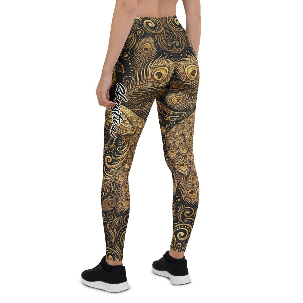 Personalisierte Sportleggings Damen Pfau Design Gold Schwarz Fitness Leggings Pfauenfeder Muster Yoga Hose E671