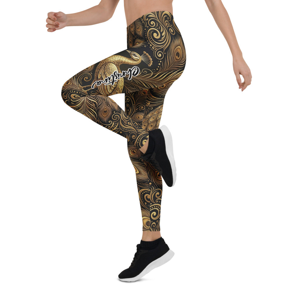 Personalisierte Sportleggings Damen Pfau Design Gold Schwarz Fitness Leggings Pfauenfeder Muster Yoga Hose E671