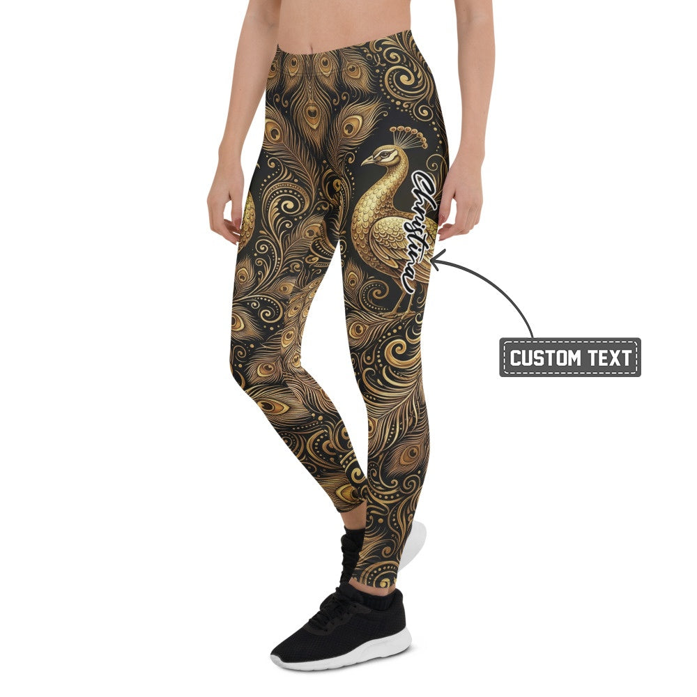 Personalisierte Sportleggings Damen Pfau Design Gold Schwarz Fitness Leggings Pfauenfeder Muster Yoga Hose E671 - XL