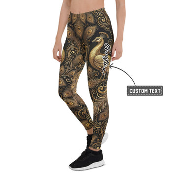 Personalisierte Sportleggings Damen Pfau Design Gold Schwarz Fitness Leggings Pfauenfeder Muster Yoga Hose E671 - XL