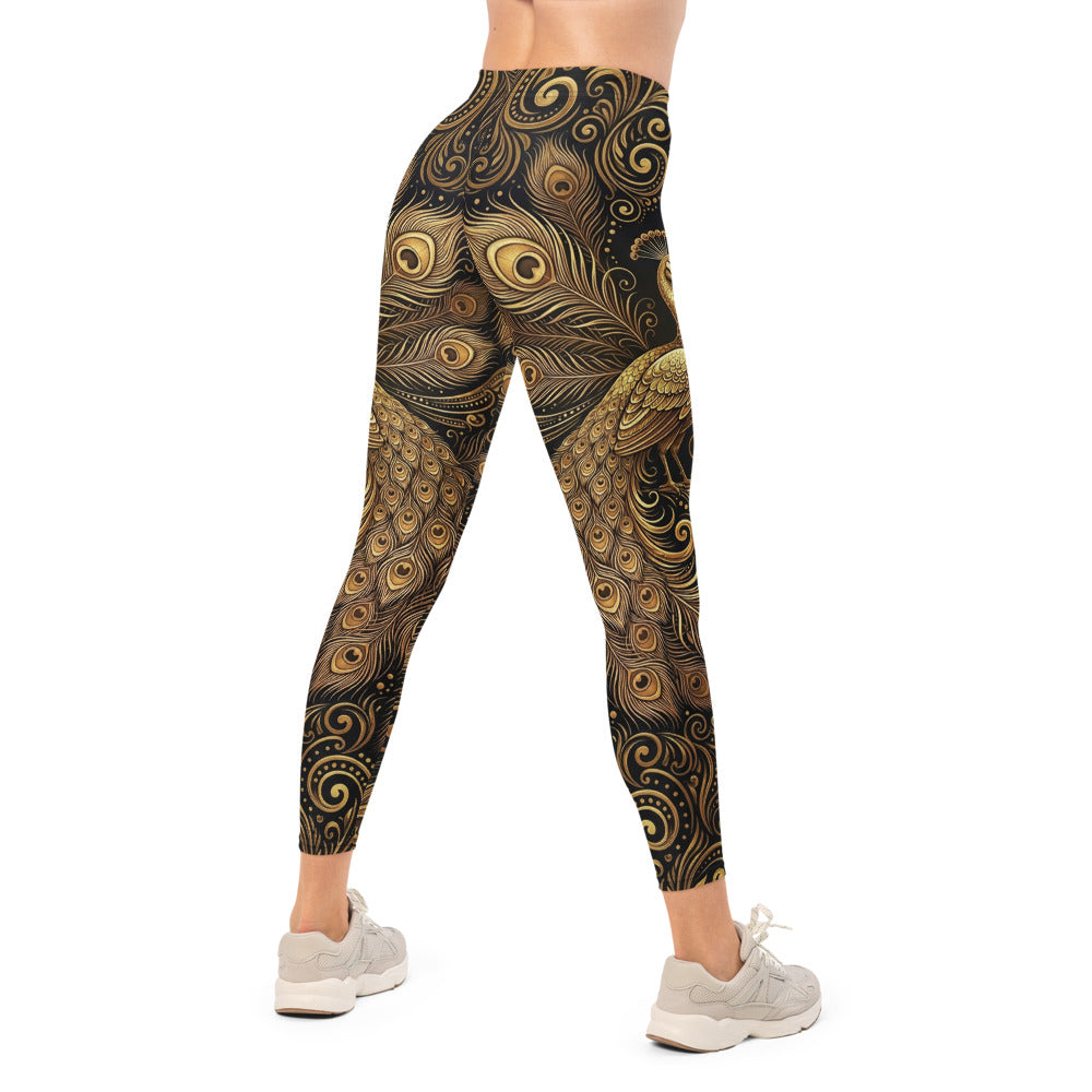 Personalisierte Sportleggings Damen Pfau Design Gold Schwarz Fitness Leggings Pfauenfeder Muster Yoga Hose E671