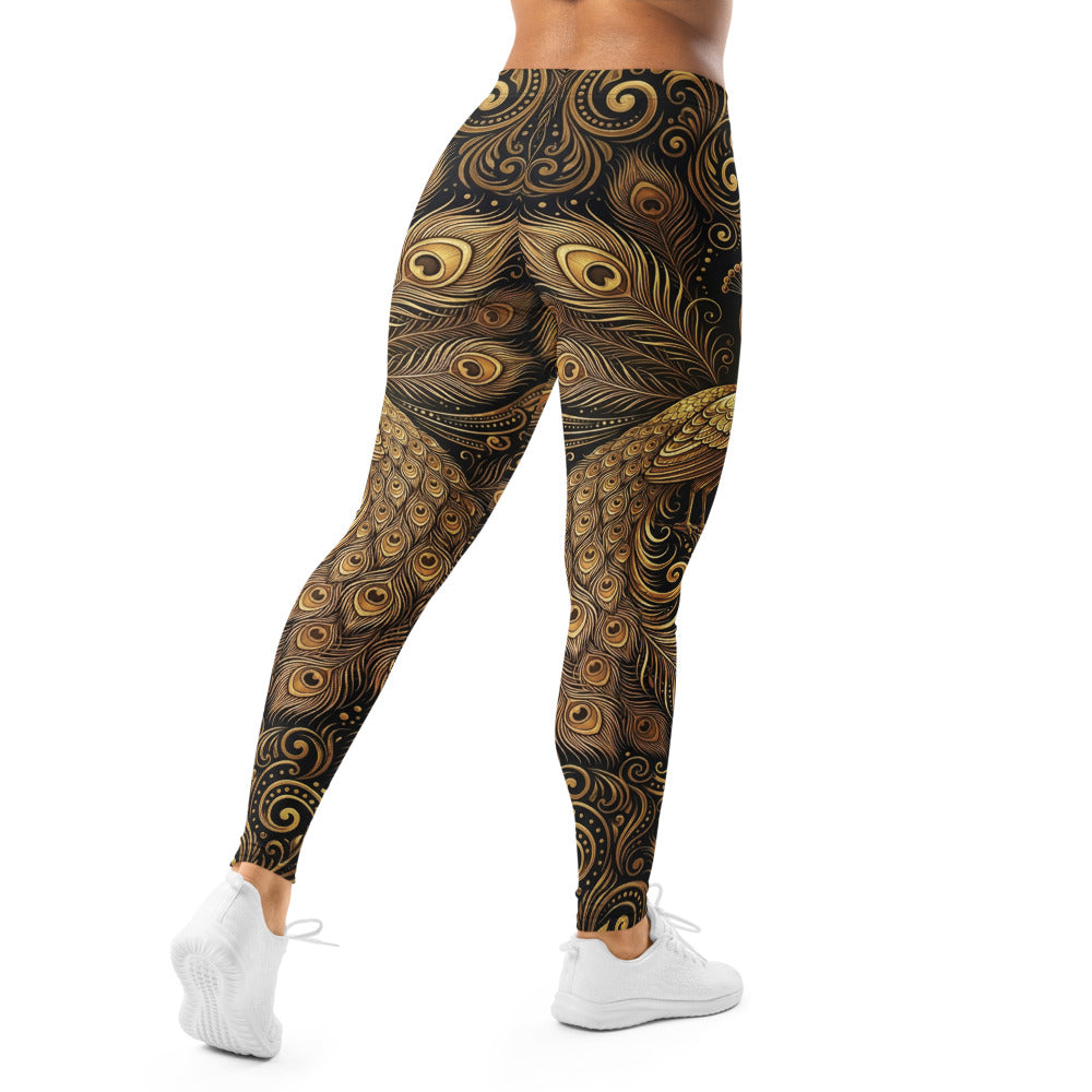Personalisierte Sportleggings Damen Pfau Design Gold Schwarz Fitness Leggings Pfauenfeder Muster Yoga Hose E671