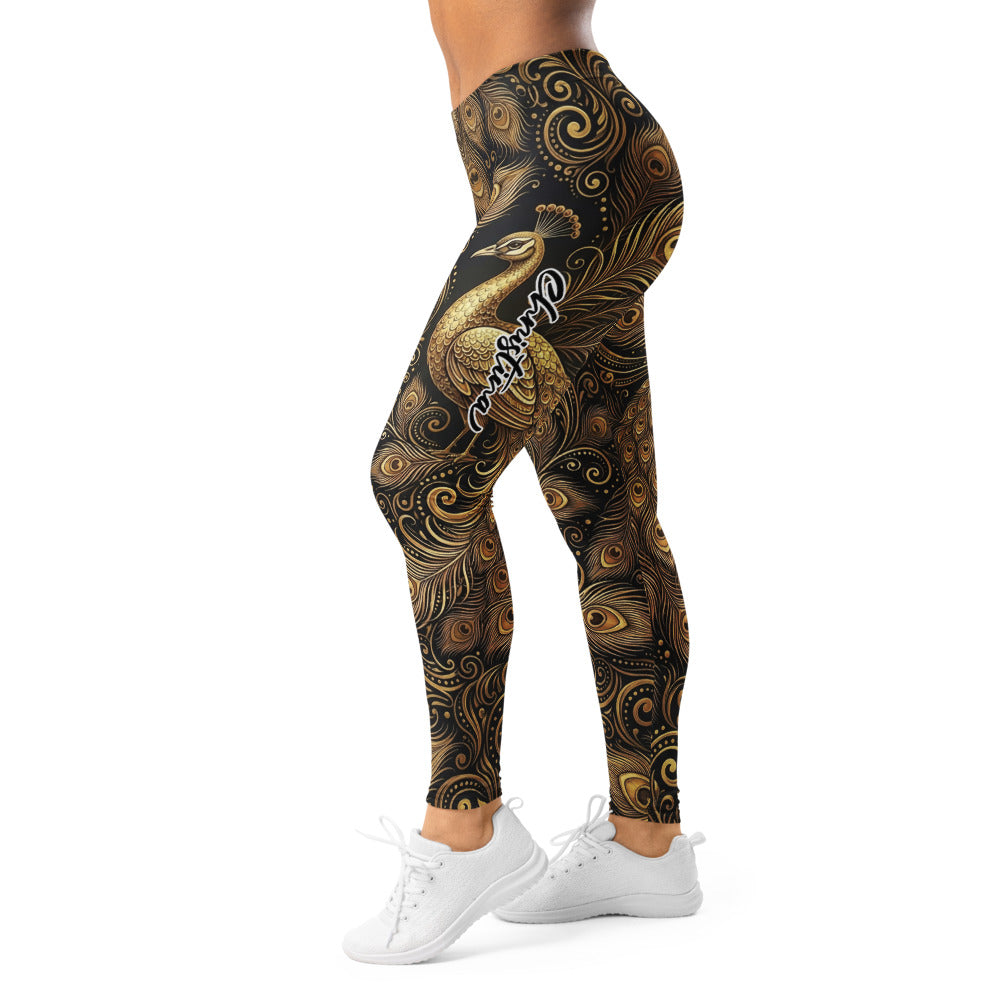 Personalisierte Sportleggings Damen Pfau Design Gold Schwarz Fitness Leggings Pfauenfeder Muster Yoga Hose E671