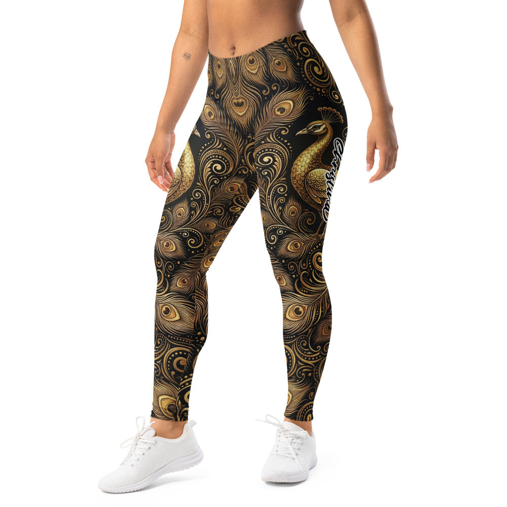 Personalisierte Sportleggings Damen Pfau Design Gold Schwarz Fitness Leggings Pfauenfeder Muster Yoga Hose E671