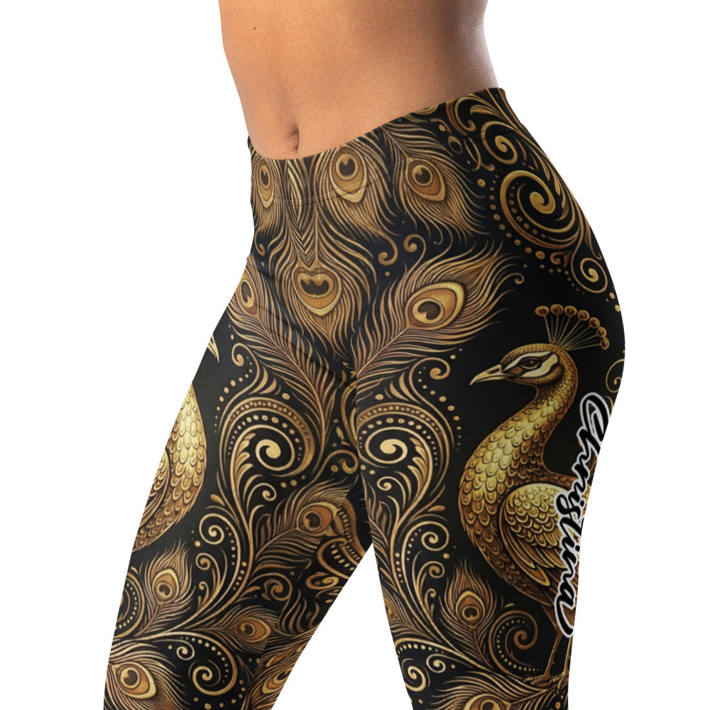 Personalisierte Sportleggings Damen Pfau Design Gold Schwarz Fitness Leggings Pfauenfeder Muster Yoga Hose E671