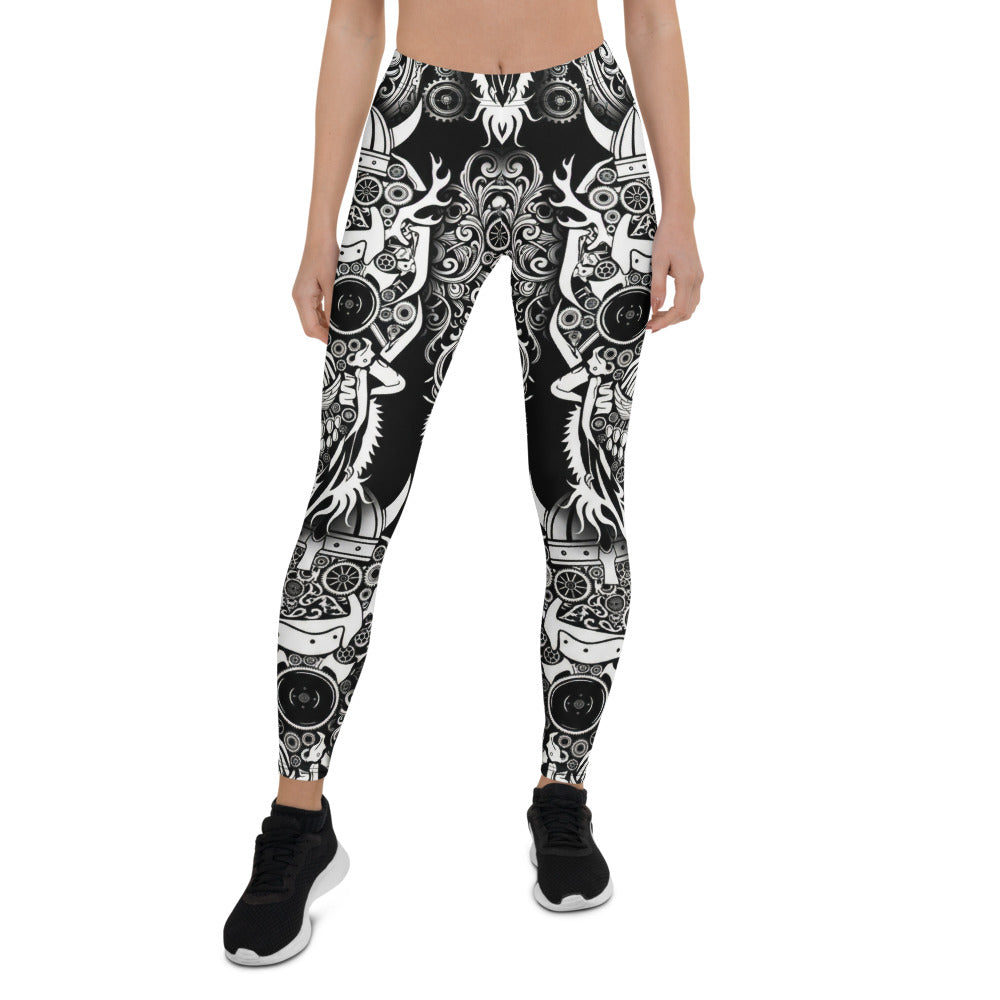 Personalisierte Damen Sportleggings Schwarz Weiß Wikinger Steampunk Design Fitness Leggings Yoga Hose Blickdicht A734