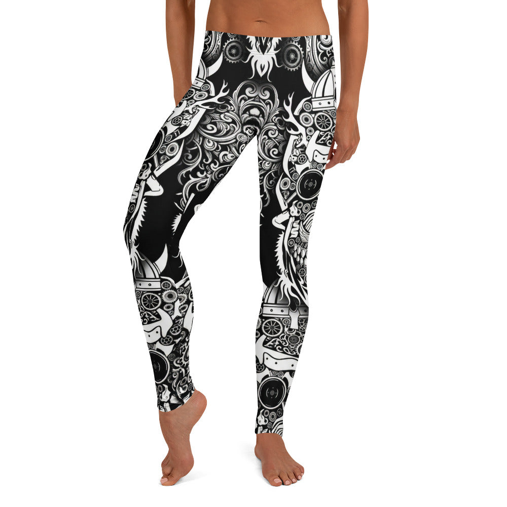 Personalisierte Damen Sportleggings Schwarz Weiß Wikinger Steampunk Design Fitness Leggings Yoga Hose Blickdicht A734