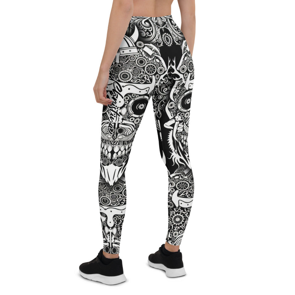 Personalisierte Damen Sportleggings Schwarz Weiß Wikinger Steampunk Design Fitness Leggings Yoga Hose Blickdicht A734