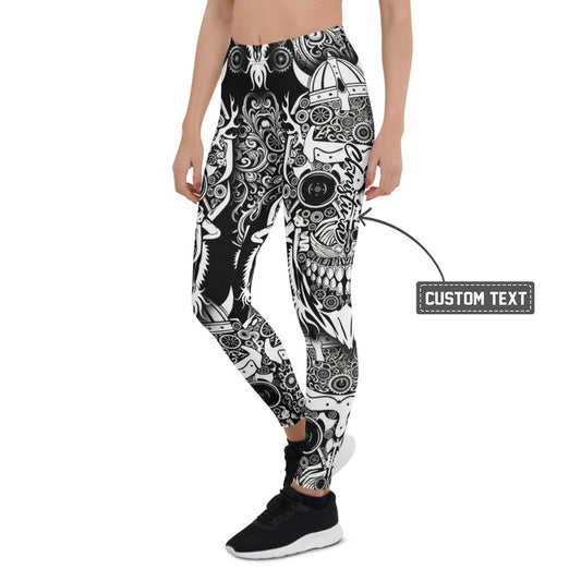 Personalisierte Damen Sportleggings Schwarz Weiß Wikinger Steampunk Design Fitness Leggings Yoga Hose Blickdicht A734 - XL