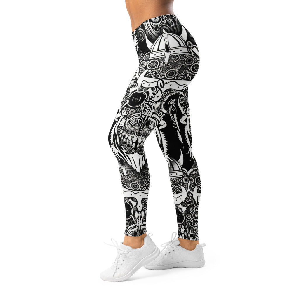 Personalisierte Damen Sportleggings Schwarz Weiß Wikinger Steampunk Design Fitness Leggings Yoga Hose Blickdicht A734