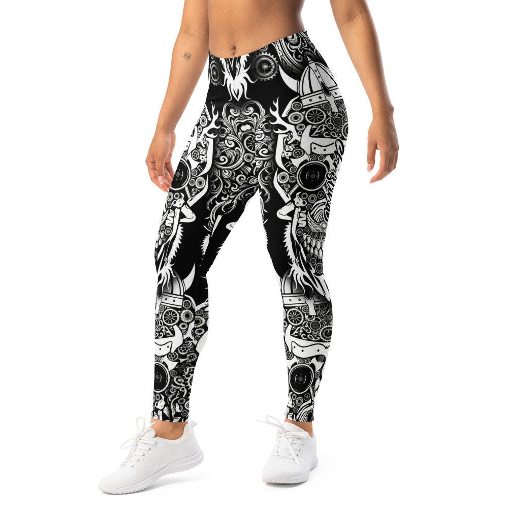 Personalisierte Damen Sportleggings Schwarz Weiß Wikinger Steampunk Design Fitness Leggings Yoga Hose Blickdicht A734