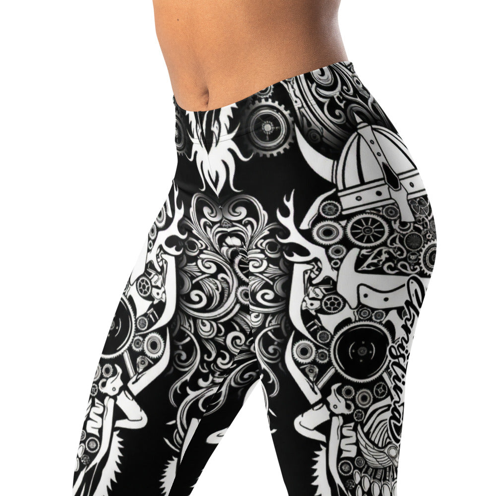 Personalisierte Damen Sportleggings Schwarz Weiß Wikinger Steampunk Design Fitness Leggings Yoga Hose Blickdicht A734