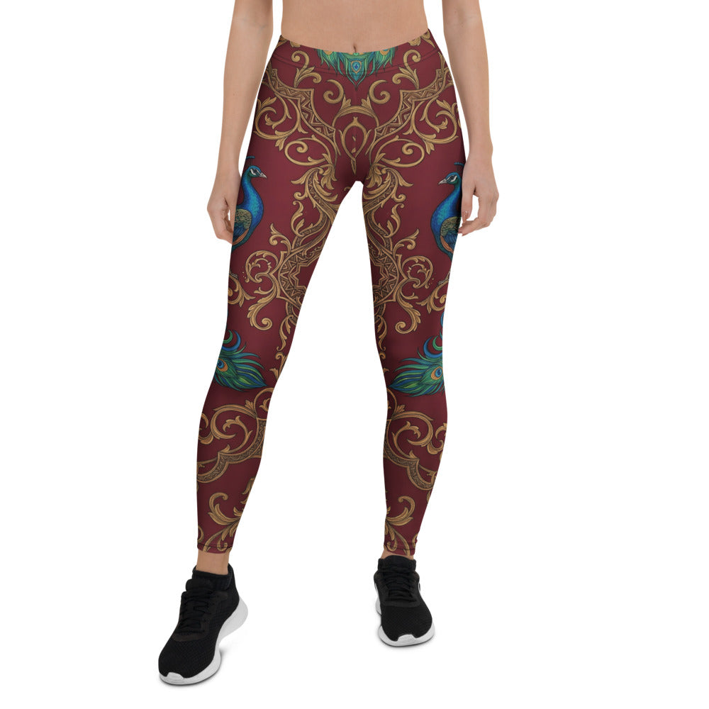 Personalisierte Damen Sportleggings Pfau Muster Barock Design Weinrot Gold Fitness Yoga Leggings W369