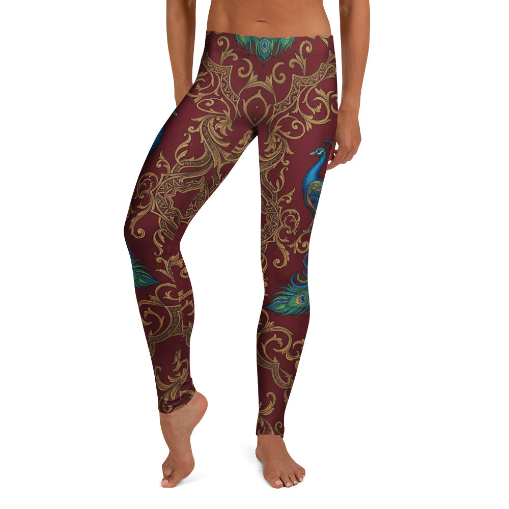Personalisierte Damen Sportleggings Pfau Muster Barock Design Weinrot Gold Fitness Yoga Leggings W369