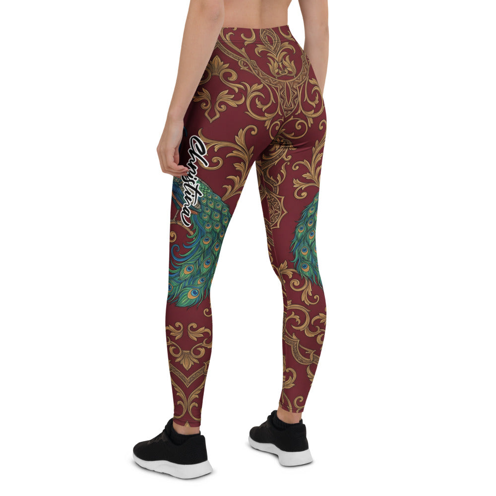 Personalisierte Damen Sportleggings Pfau Muster Barock Design Weinrot Gold Fitness Yoga Leggings W369